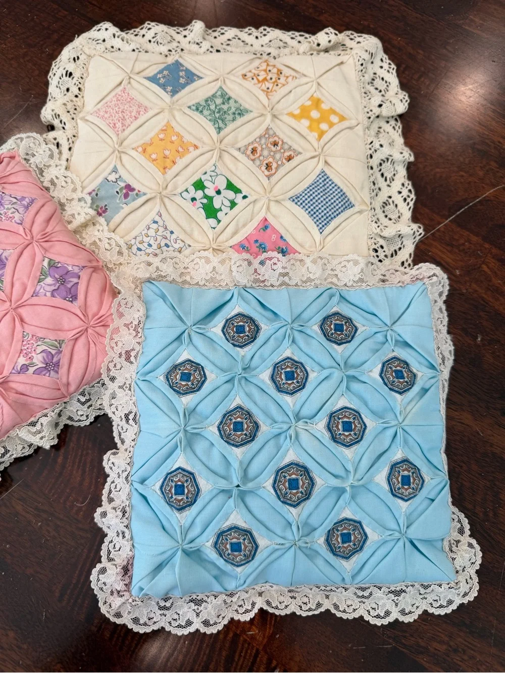 Vintage cathedral window quilted W/ lace pillow set of 3 11”x11”, 9”x9” cottage